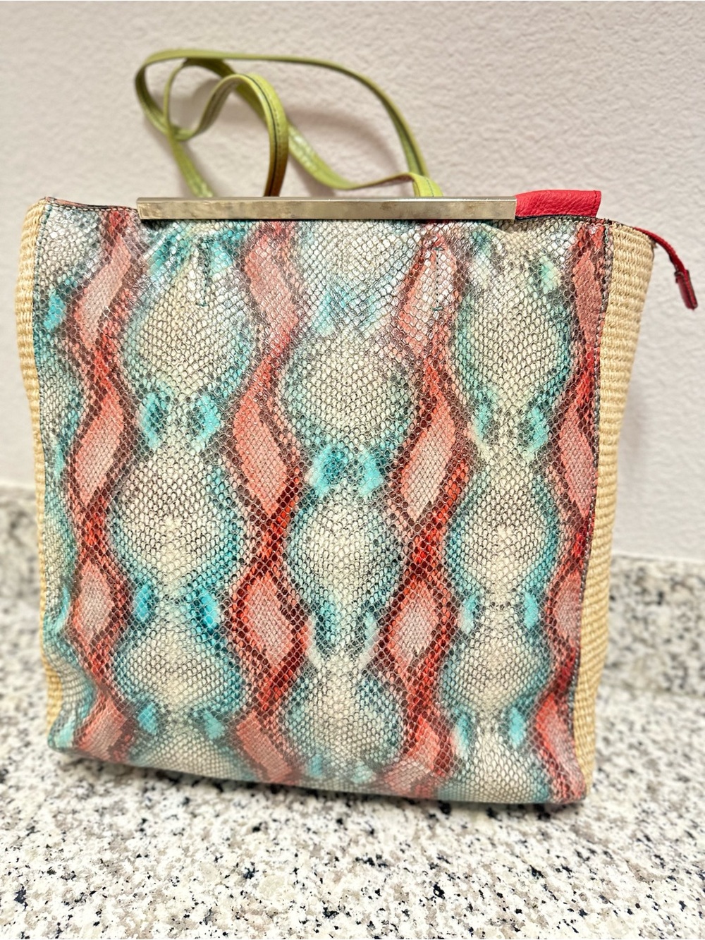 Striped Multicolor Tote Bag - Peach, Teal & Cream, red leather